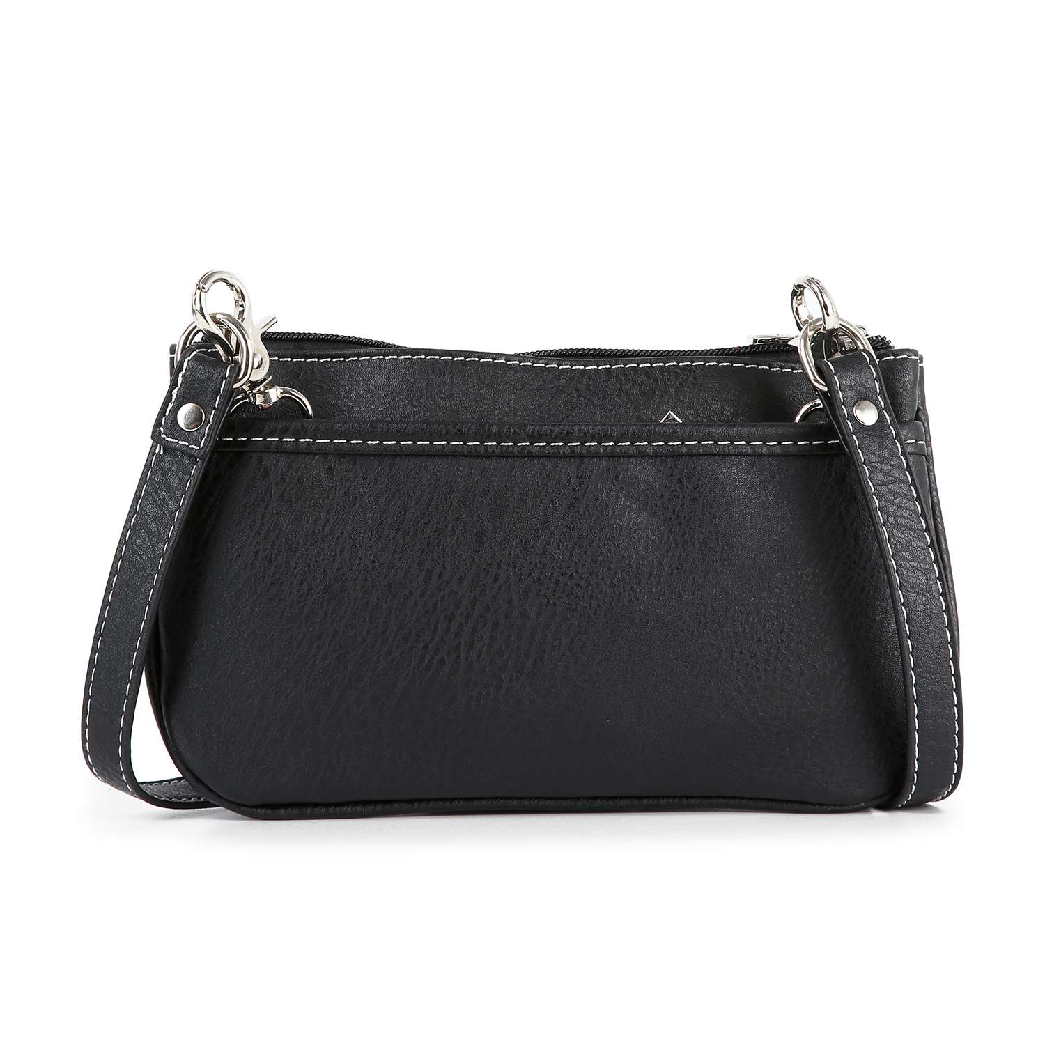 A petite crossbody sling, the Colorful Sugar Skull features vibrant skull designs, a long adjustable strap, silver hardware, and visible white edge stitching, displayed against a white background.