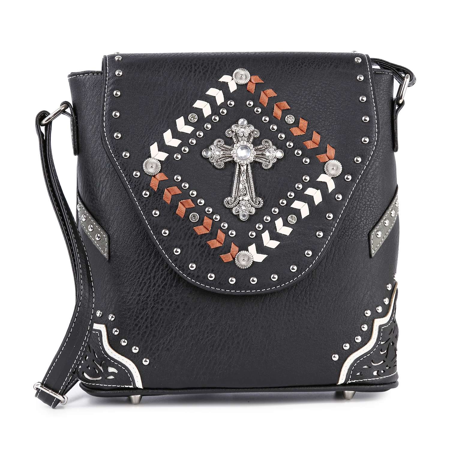 The Decorative Cross Accented Top Flap Crossbody Sling features a black faux leather design with a silver cross, studs, chevron patterns in silver, brown, and white, metallic accents, and an adjustable black strap.