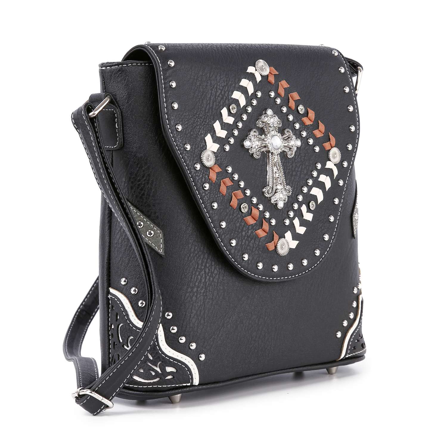 The Decorative Cross Accented Top Flap Crossbody Sling is a black faux leather bag with silver studs, a large ornate cross, orange and white diamond accents, a long strap, and metal feet for extra durability.