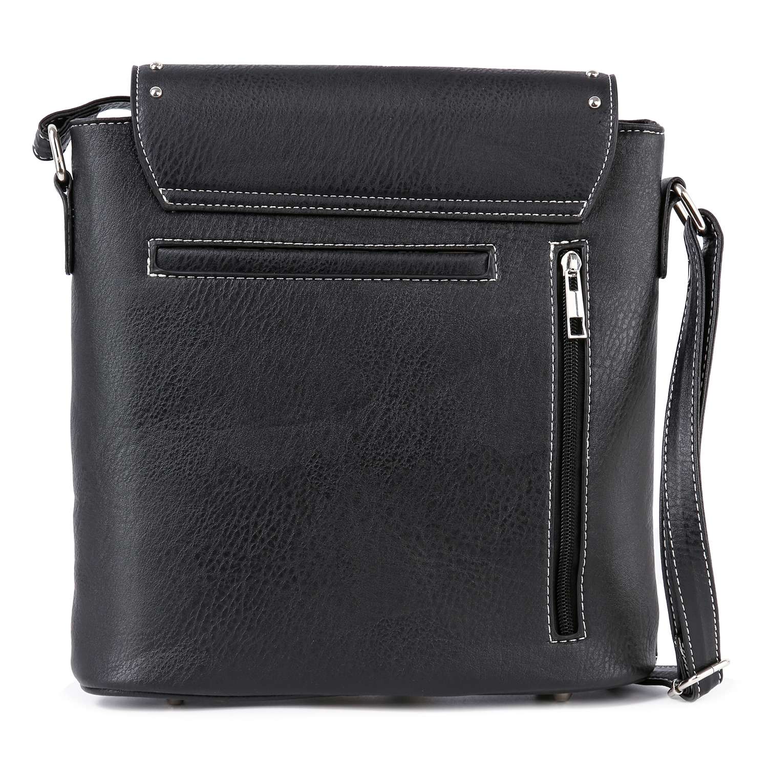 The Decorative Cross Accented Top Flap Crossbody Sling is a black faux leather bag with white stitching, a front zippered pocket, adjustable strap, and rectangular shape for versatile everyday style.