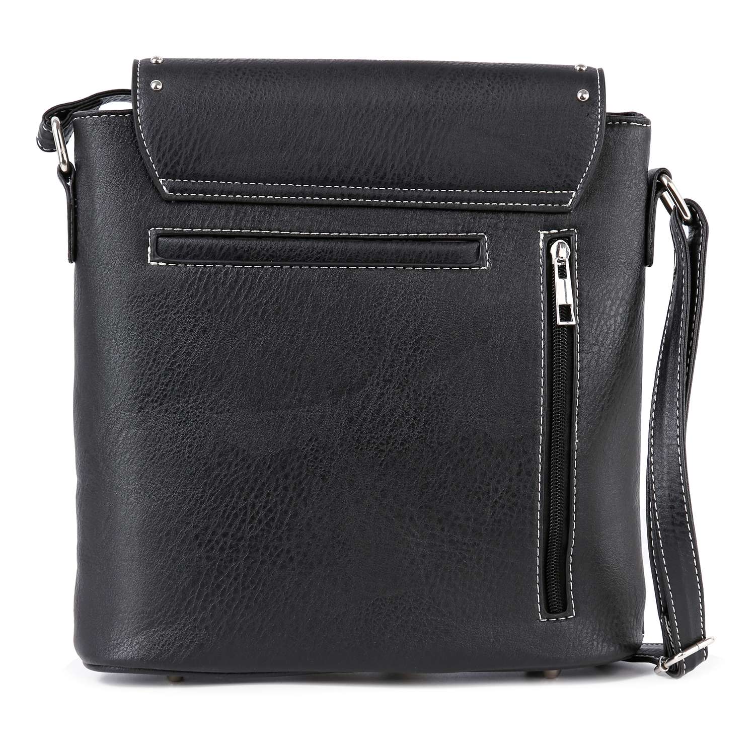 The Decorative Cross Accented Top Flap Crossbody Sling is a black faux leather bag with white stitching, a front zip pocket, horizontal slip pocket, and adjustable shoulder strap.