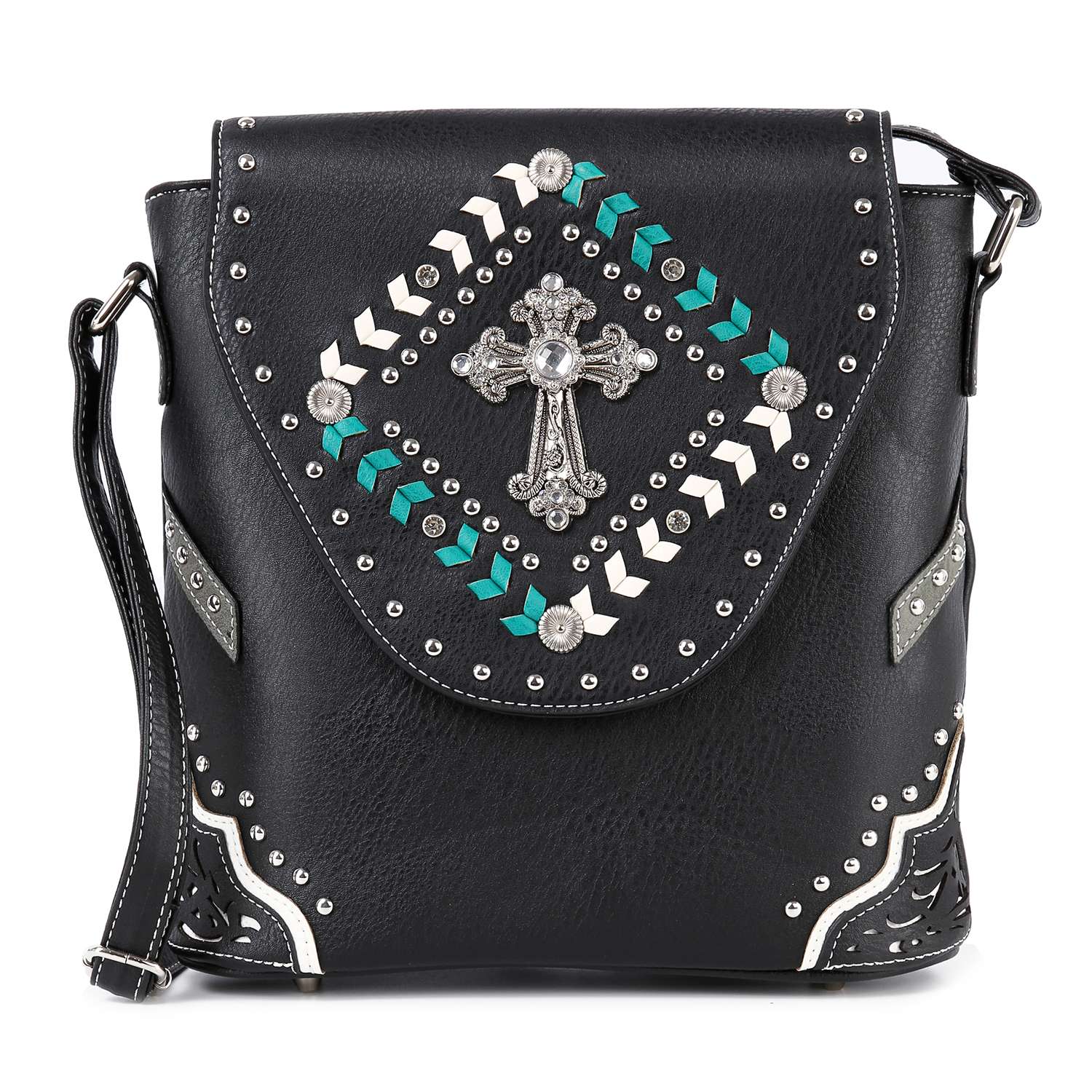 The Decorative Cross Accented Top Flap Crossbody Sling is a black faux leather bag with silver studs, turquoise and white accents, a standout silver cross emblem, an adjustable strap, and stylish cutout details.