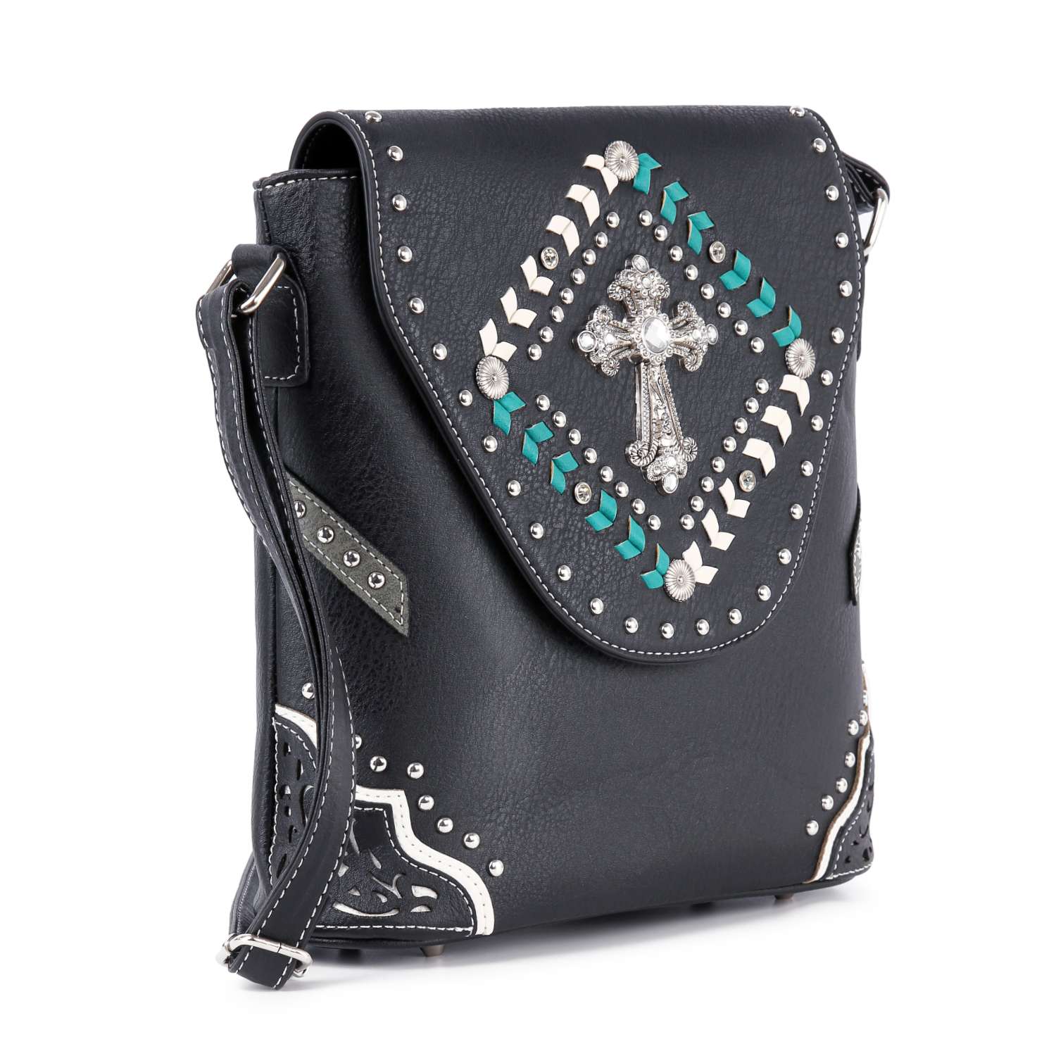 The Decorative Cross Accented Top Flap Crossbody Sling features black faux leather, silver studs, turquoise accents, a silver cross on the front flap, an adjustable long strap, and classic western-inspired details.