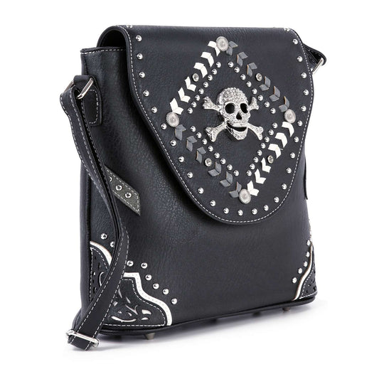 Decorative Skull Accented Top Flap Crossbody Sling