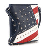 The Bold Flag Design Crossbody Sling doubles as a chic crossbody bag with blue, white, and red stripes, silver stars and studs, plus a matching blue shoulder strap.