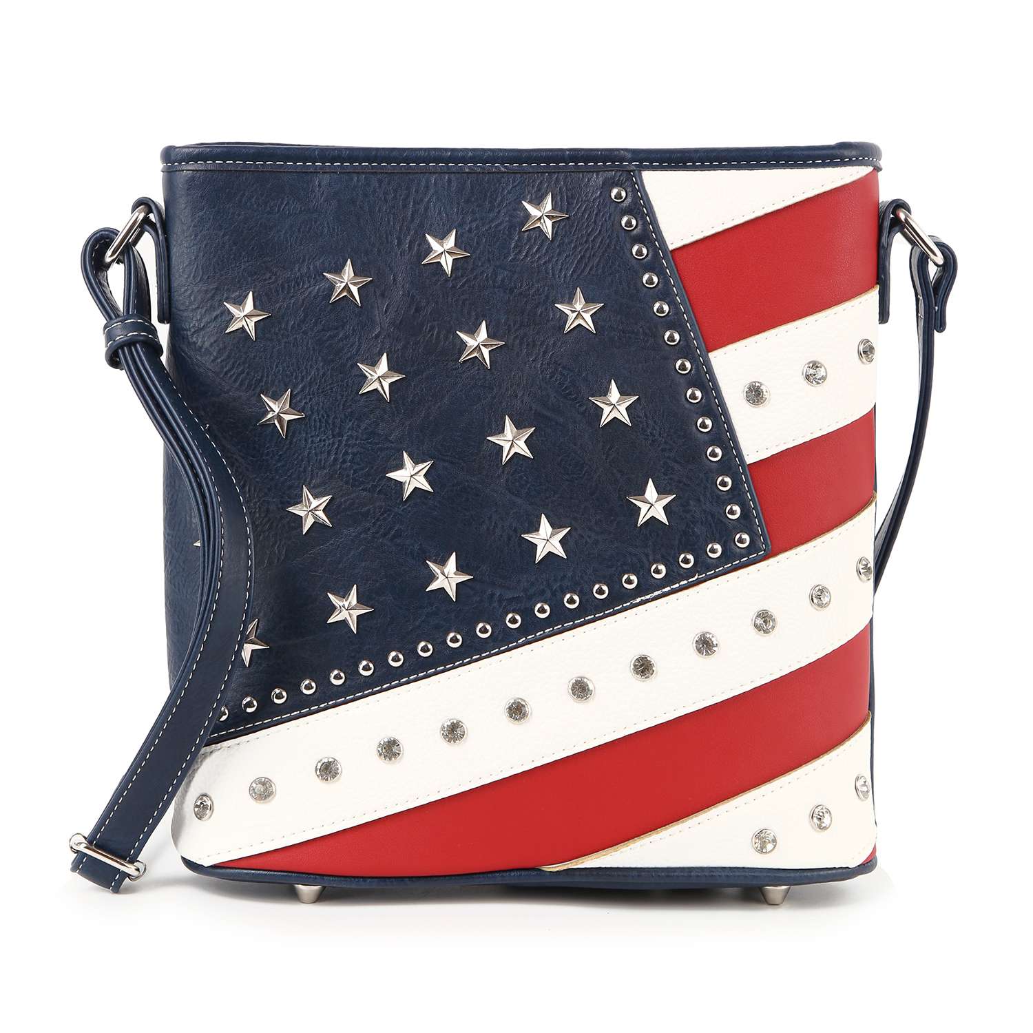 The Bold Flag Design Crossbody Sling is a square-shaped bag in blue, red, and white with a strap, decorated with silver stars and round studs for a patriotic look.