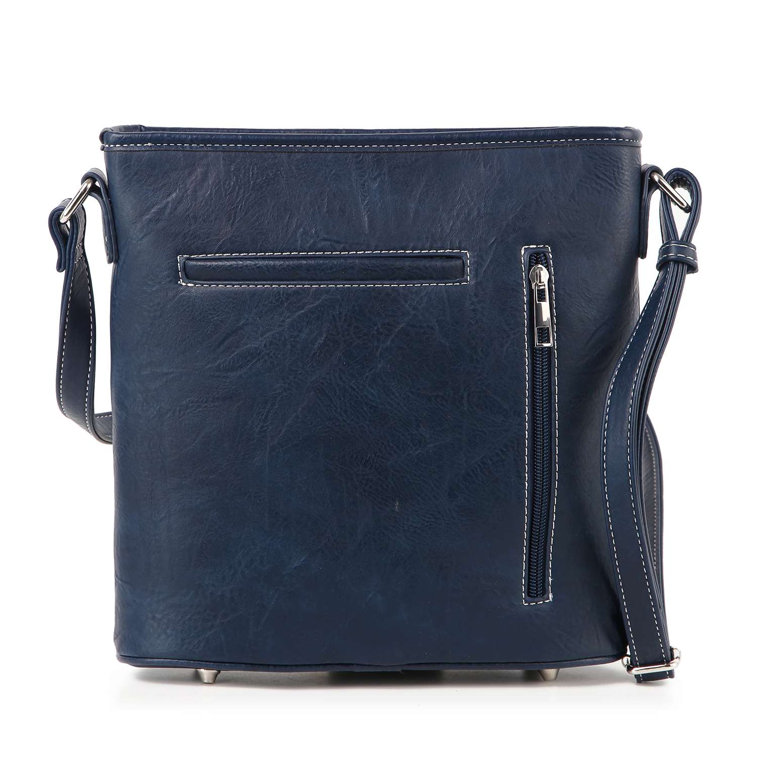 The Bold Flag Design Crossbody Sling is a dark blue leather bag with white stitching, a front zipper pocket, small horizontal pocket, adjustable shoulder strap, and a discreet conceal and carry compartment for added security.
