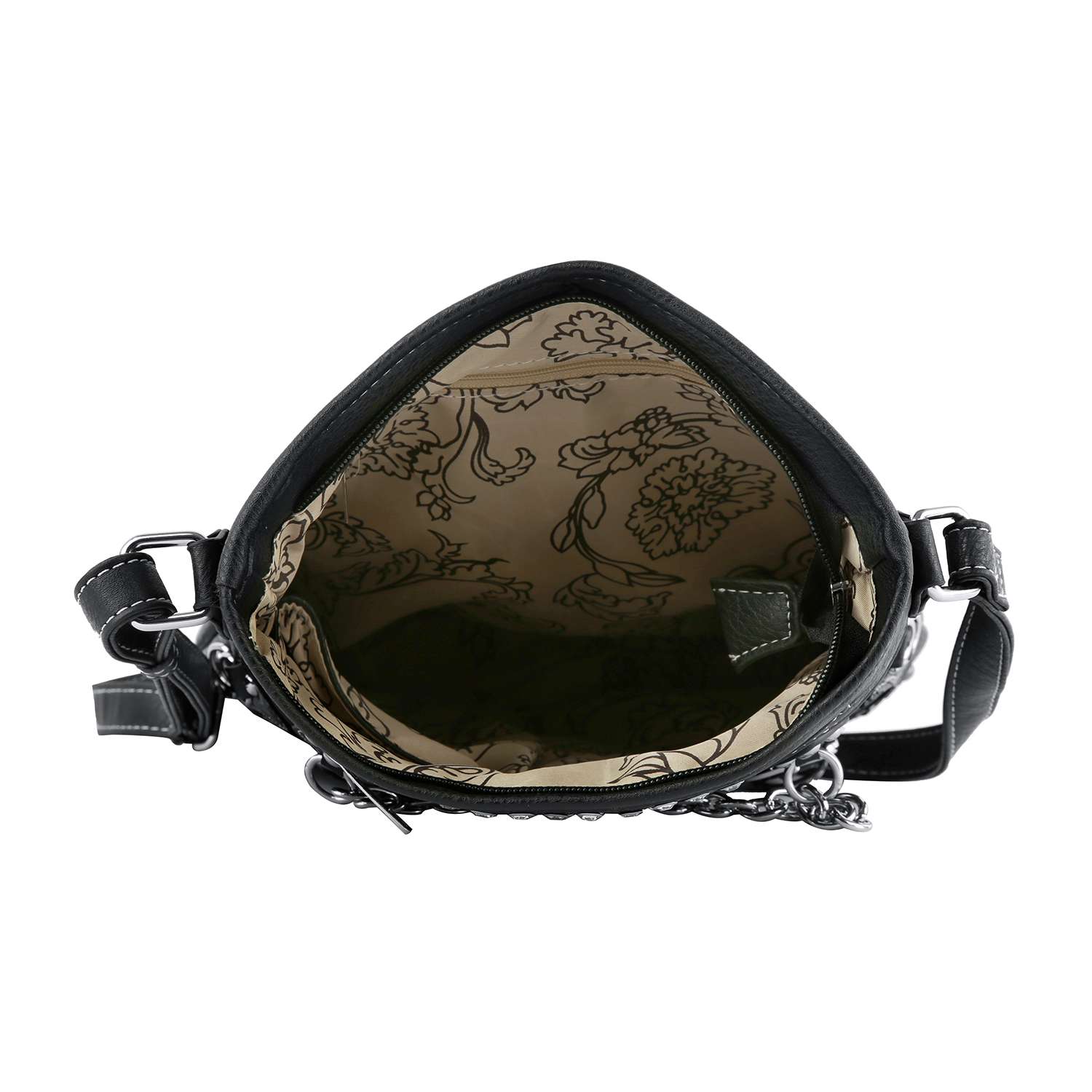 Open Bold Flag Design Crossbody Sling with visible floral-patterned beige lining, a small inner pocket, and a black strap accented by chain detail on the side.