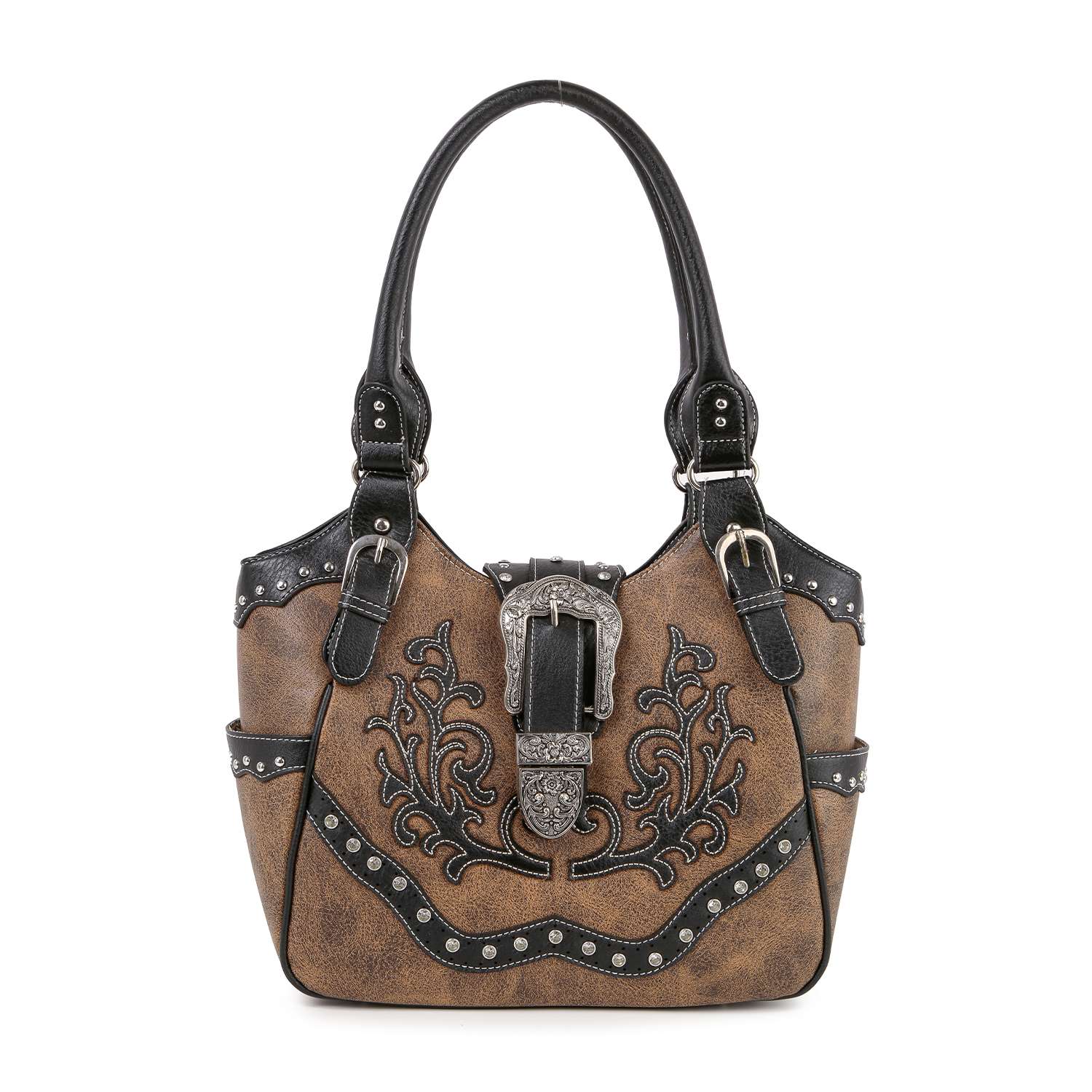 The Western Design Embroidered Shoulder Bag features brown faux leather, black handles, silver buckles, decorative embroidery, a large ornate clasp, and stud accents for a stylish western-inspired conceal carry accessory.