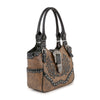 The Western Design Embroidered Shoulder Bag features brown and black faux leather, double handles, silver studs, ornate embroidery, and a silver buckle for a classic yet modern western style.
