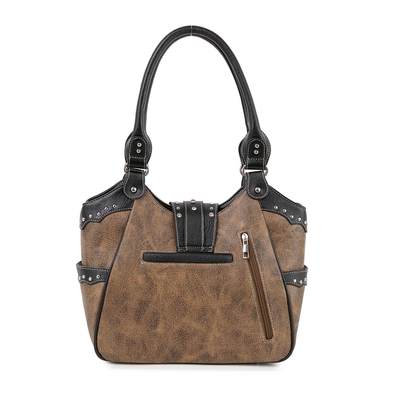 The Western Design Embroidered Shoulder Bag features a brown faux leather look with black handles, silver studs, a front zipper pocket, decorative strap, structured shape, and textured finish for stylish conceal carry.