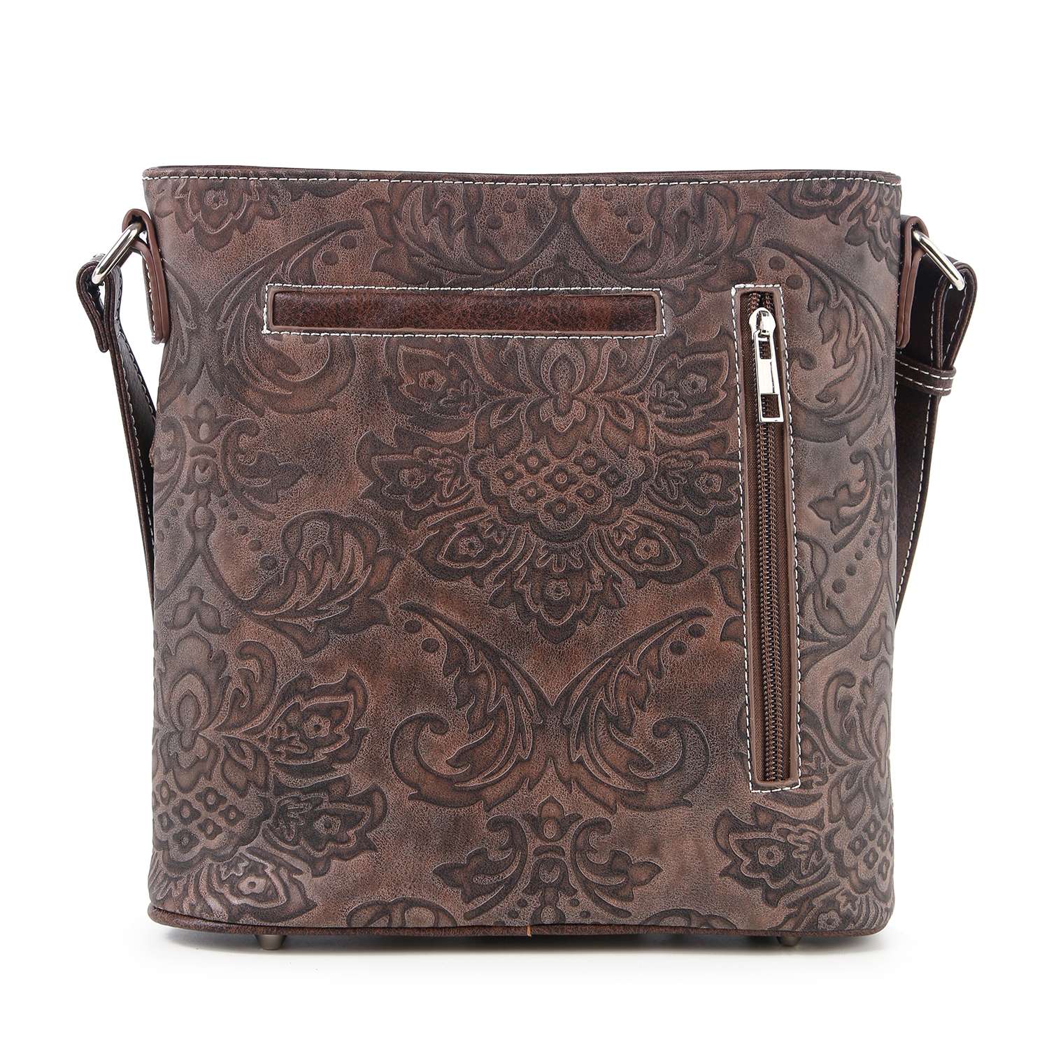 The Western Fringe Design Crossbody Sling is a brown faux leather bag featuring an embossed floral design, front horizontal slip pocket, vertical zippered pocket, and an adjustable shoulder strap for comfort and style.