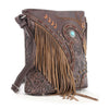 The Western Fringe Design Crossbody Sling is a brown faux leather bag with embossed patterns, tan leather fringe, decorative studs, brown arrow accents, a turquoise stone, a long strap, and visible stitching for added style.