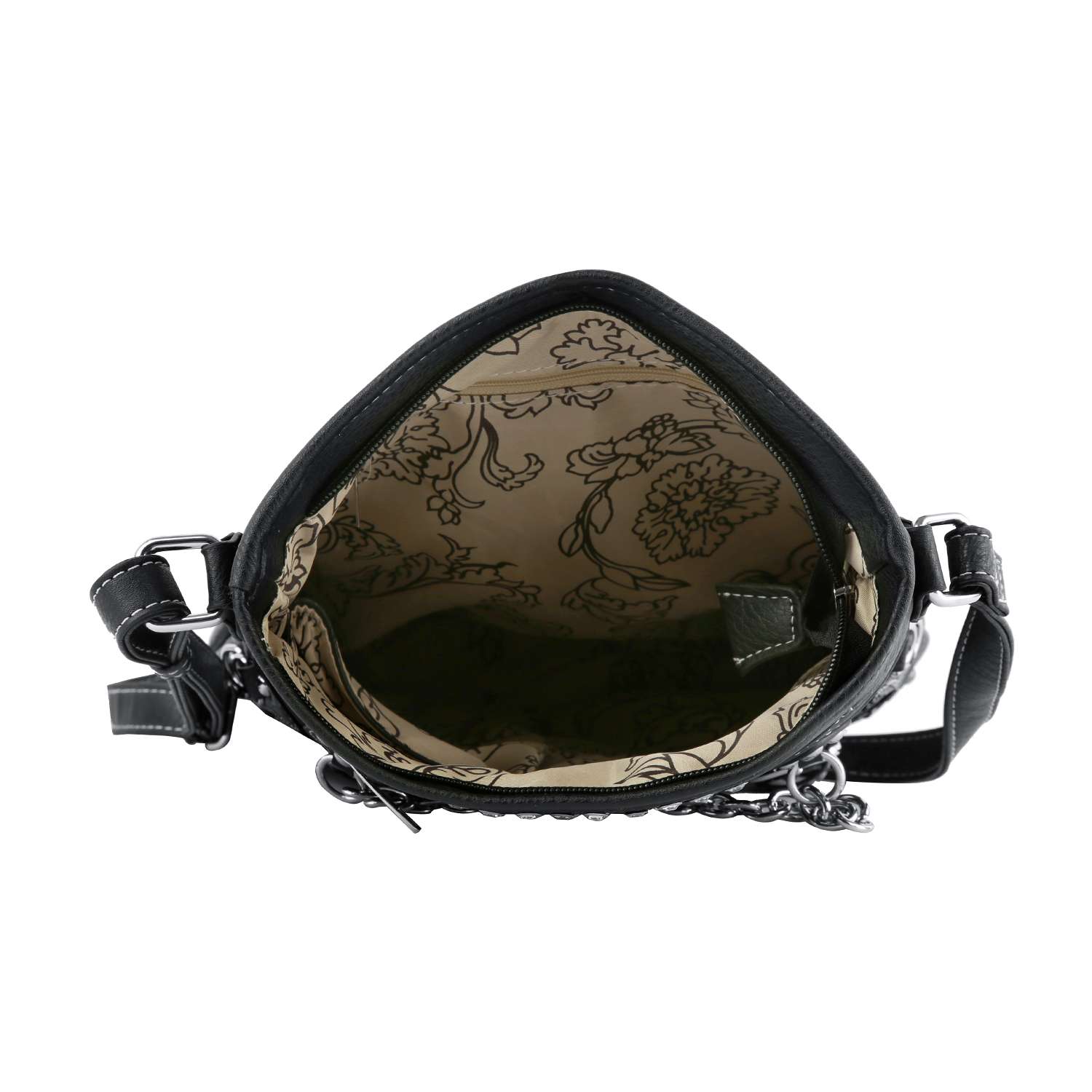 The Western Fringe Design Crossbody Sling, made of black faux leather with a chain strap, is shown from above, displaying its open interior lined with light floral-patterned fabric for stylish convenience.