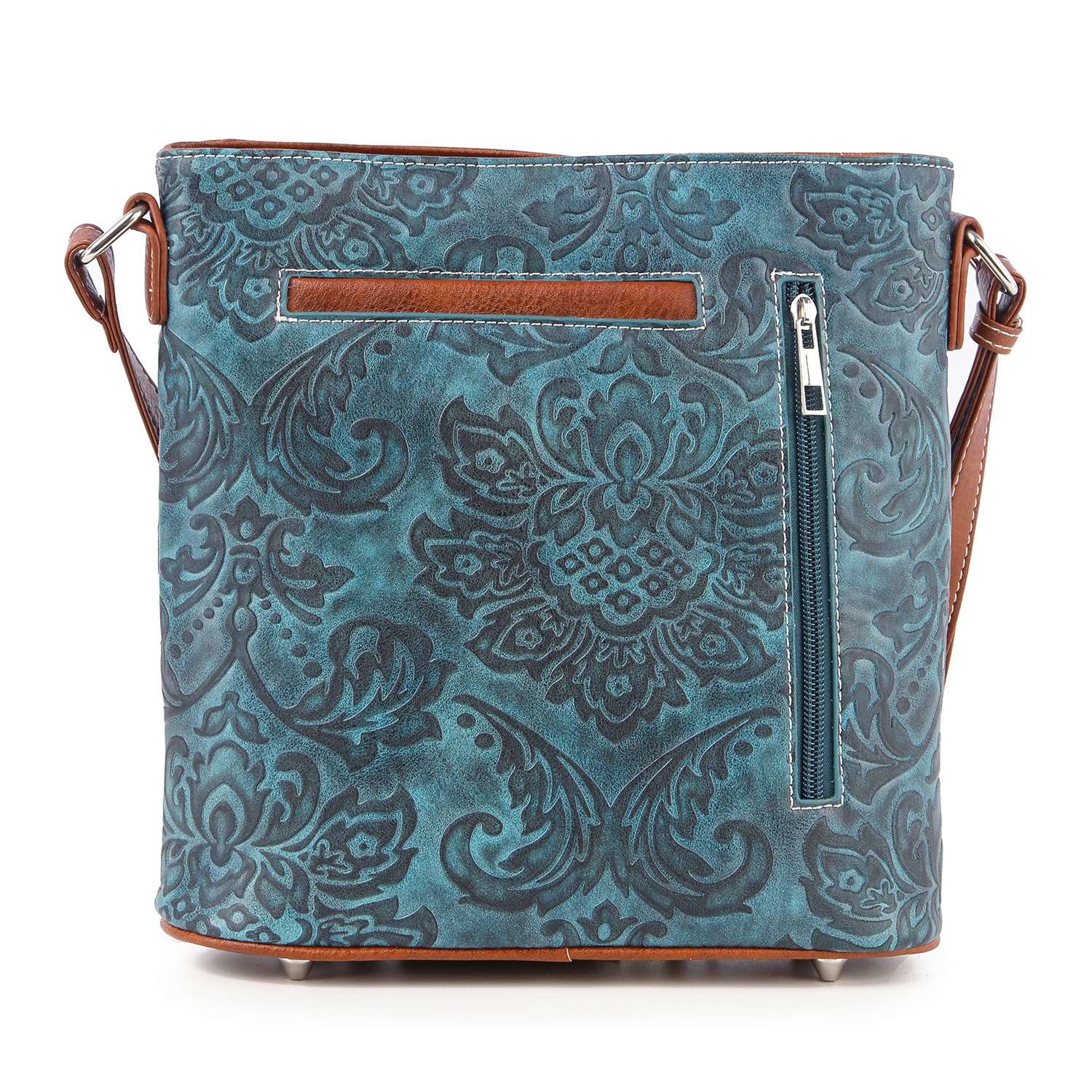 The Western Fringe Design Crossbody Sling features teal faux leather with an embossed floral pattern, brown accents, multiple pockets, and an adjustable strap—making it a stylish and practical Western-inspired bag.