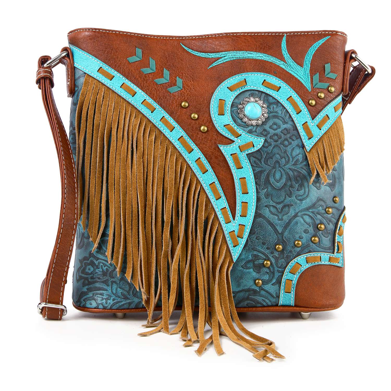The Western Fringe Design Crossbody Sling features turquoise patterns, brown faux leather with decorative studs, light brown fringe, a floral concho, and a long adjustable strap for an eye-catching western look.