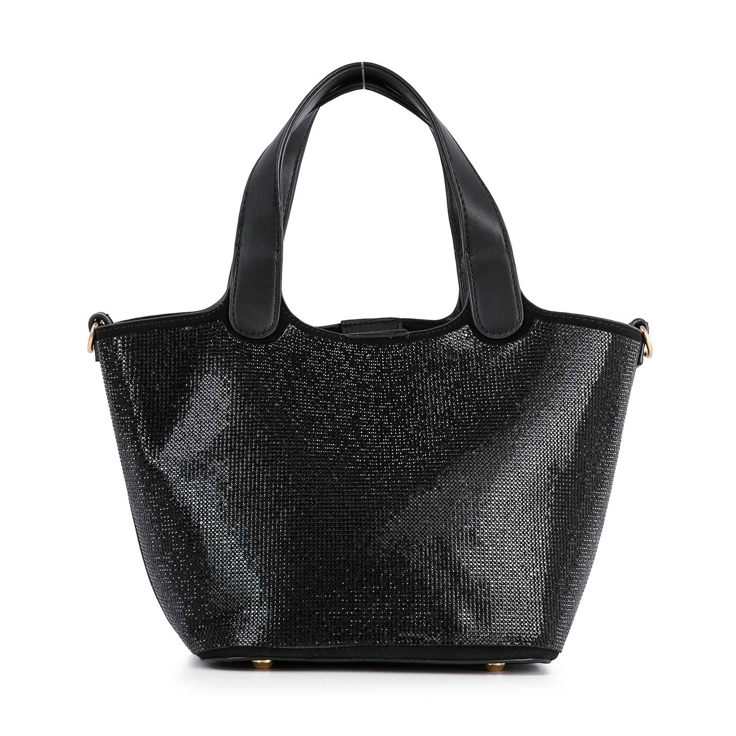 The Stunning Rhinestone Covered Hand Tote is a black, glittery bag with two handles, a structured shape, and small metallic feet at the bottom.