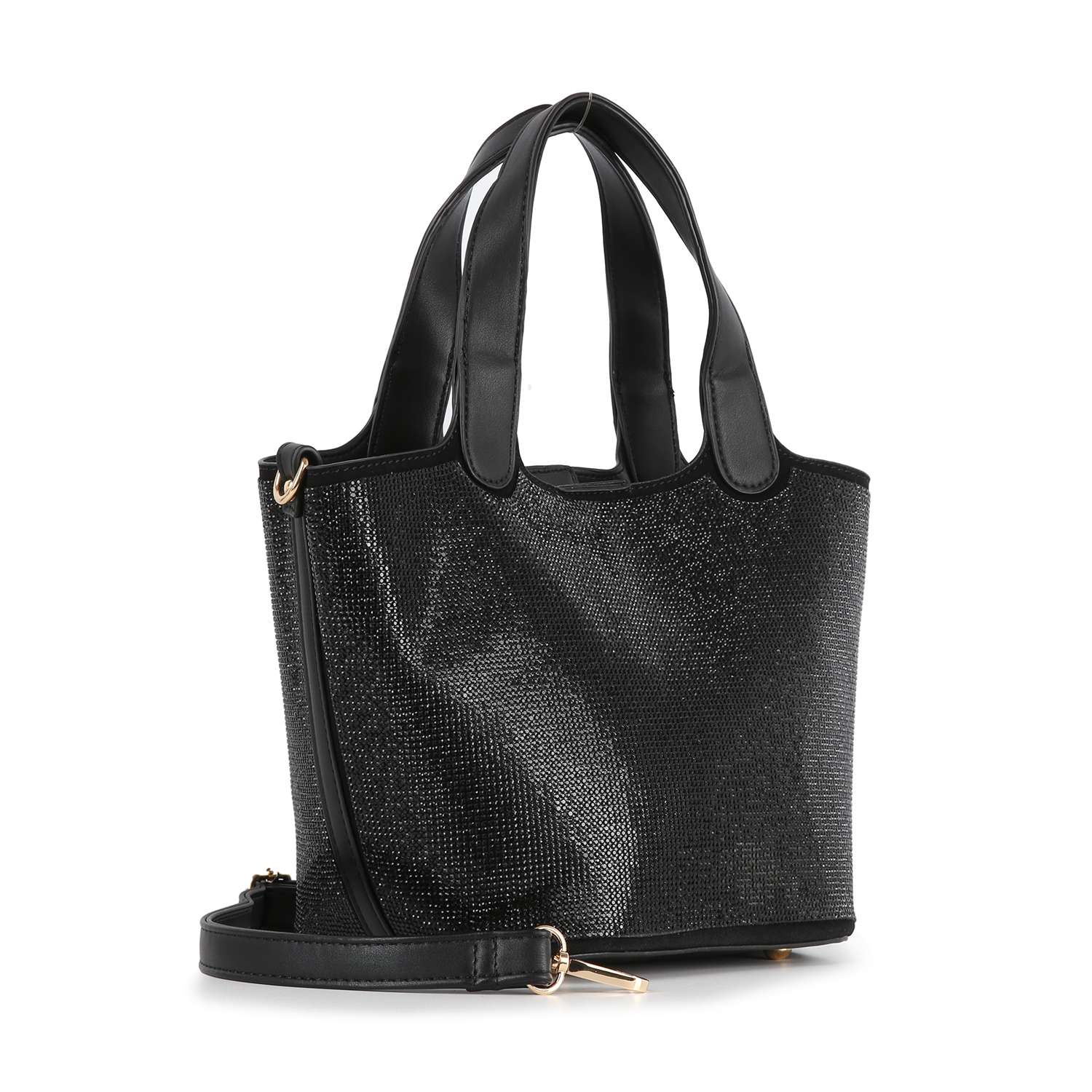 The Stunning Rhinestone Covered Hand Tote is a black faux leather tote with two short handles, a detachable strap, sparkly textured surface, and gold-tone hardware. It stands upright against a white background.