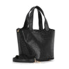 The Stunning Rhinestone Covered Hand Tote is a black faux leather tote with two short handles, a detachable strap, sparkly textured surface, and gold-tone hardware. It stands upright against a white background.
