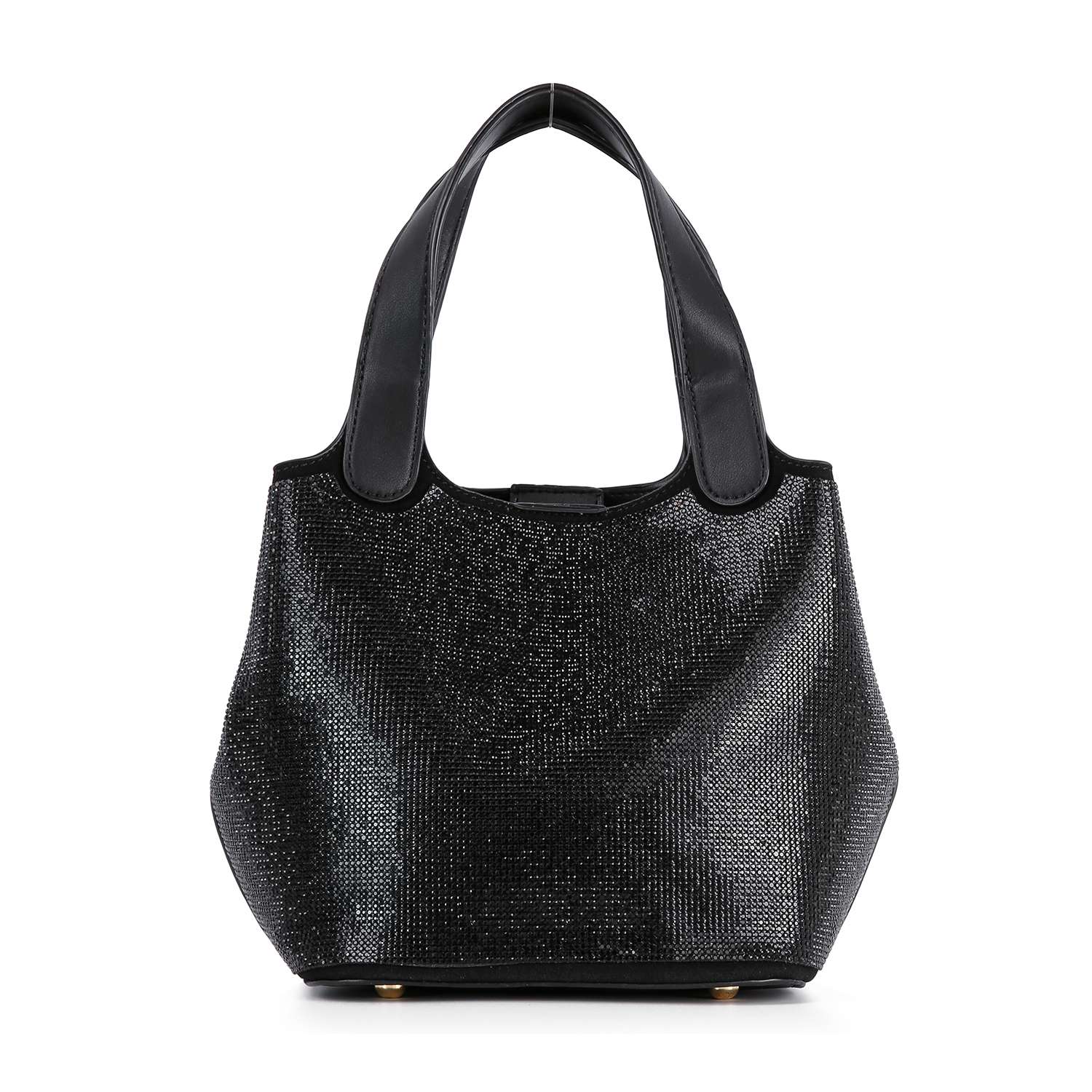 The Stunning Rhinestone Covered Hand Tote features a black, shiny faux leather design with two wide handles, a sparkling textured rhinestone surface, and a detachable strap, shown against a white background.