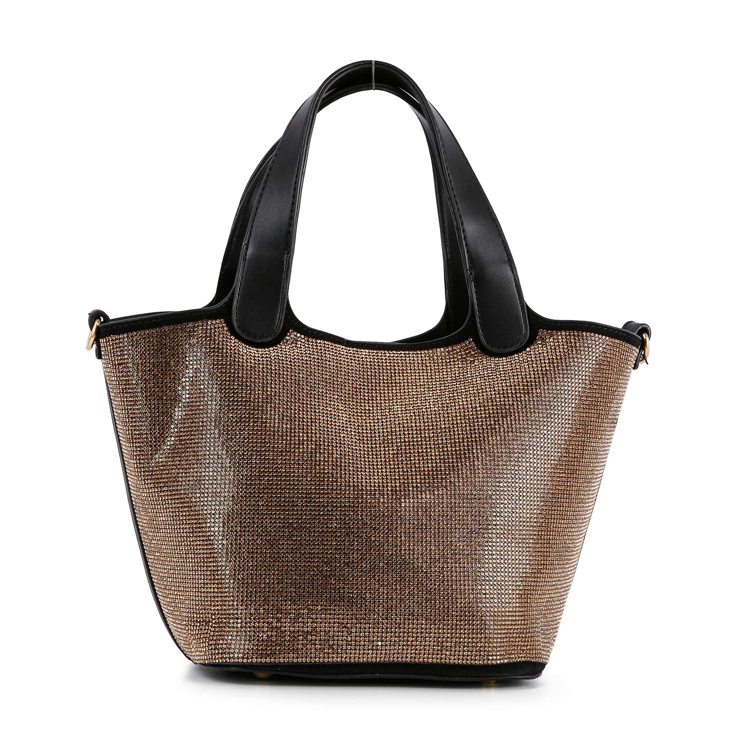 The Stunning Rhinestone Covered Hand Tote features a shimmering, textured gold body, black leather handles and trim, a detachable strap, and is presented against a white background.