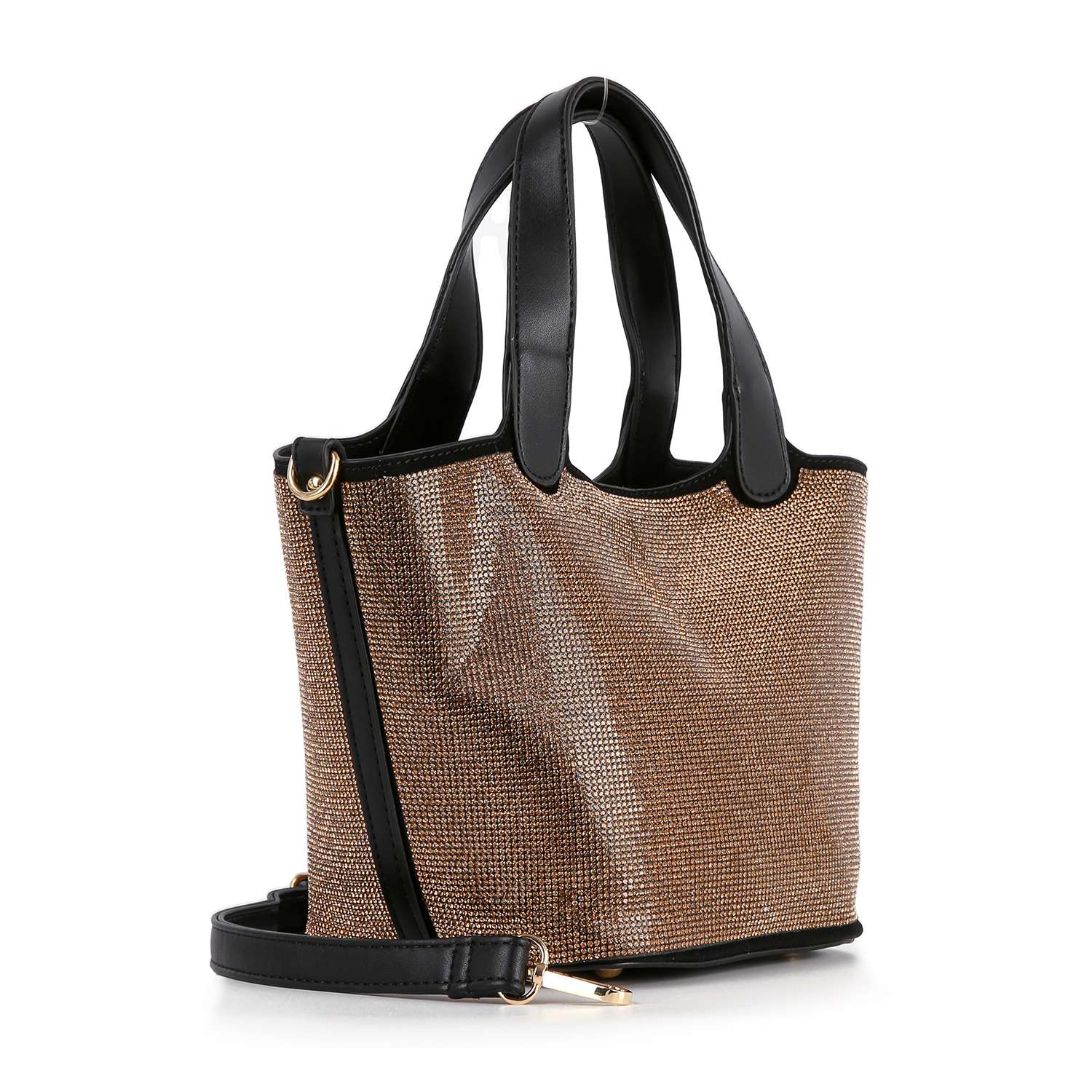 The Stunning Rhinestone Covered Hand Tote features a sparkling textured gold exterior, black faux leather handles, a detachable strap, and gold-tone hardware for an elegant, modern look.
