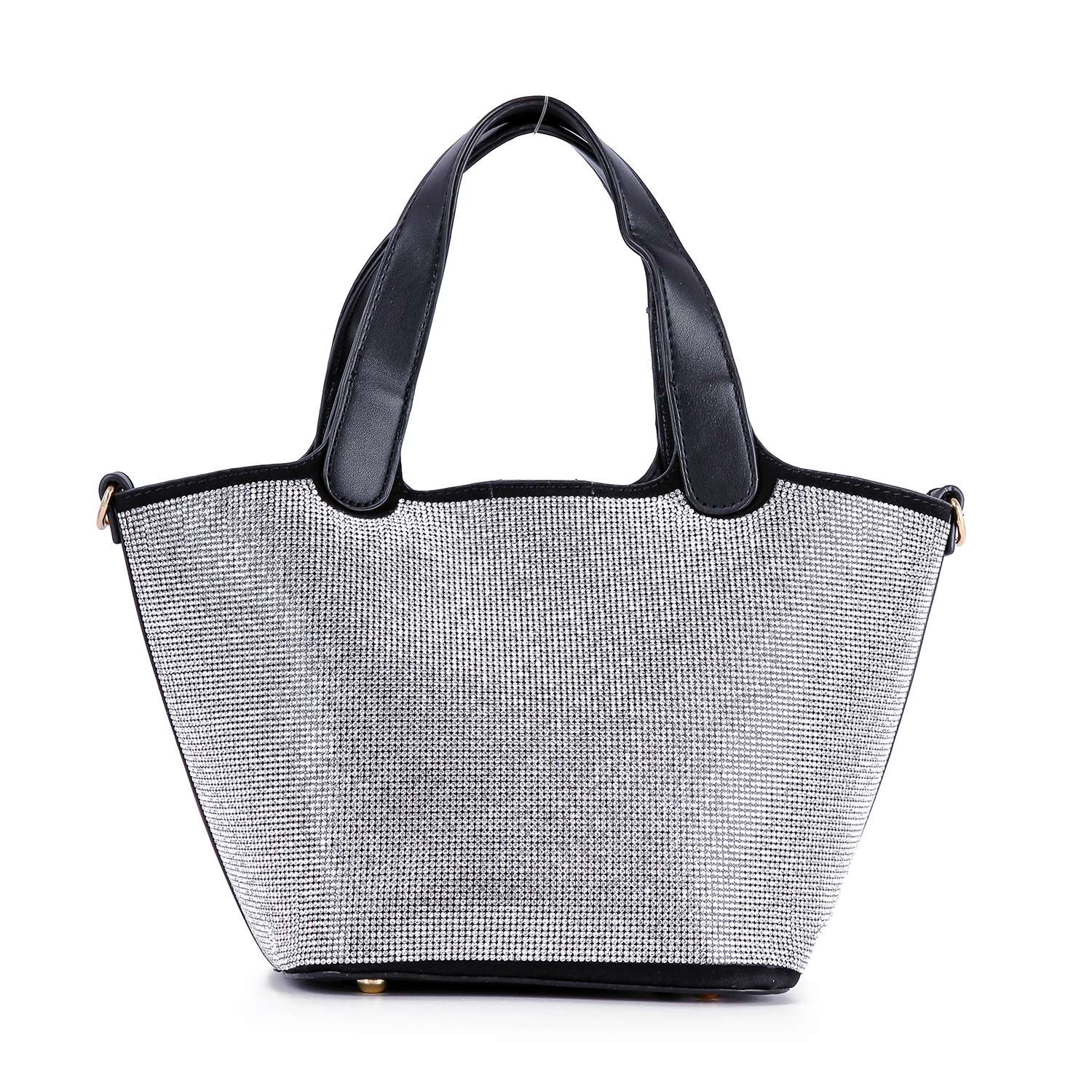 The Stunning Rhinestone Covered Hand Tote features black handles, a silver rhinestone-studded trapezoid body, gold hardware, and a detachable strap. This stylish bag stands upright and shines with dazzling detail.