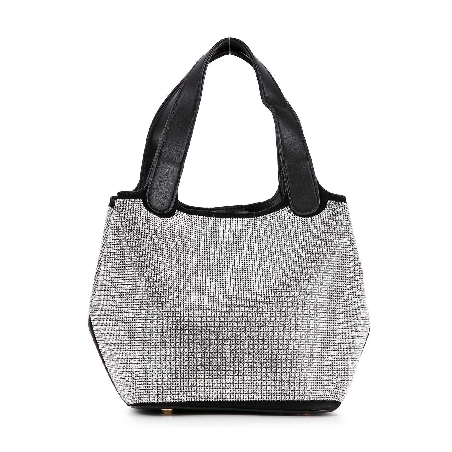 The Stunning Rhinestone Covered Hand Tote features a sparkling silver rhinestone body with black faux leather handles and trim, shown upright against a white background.