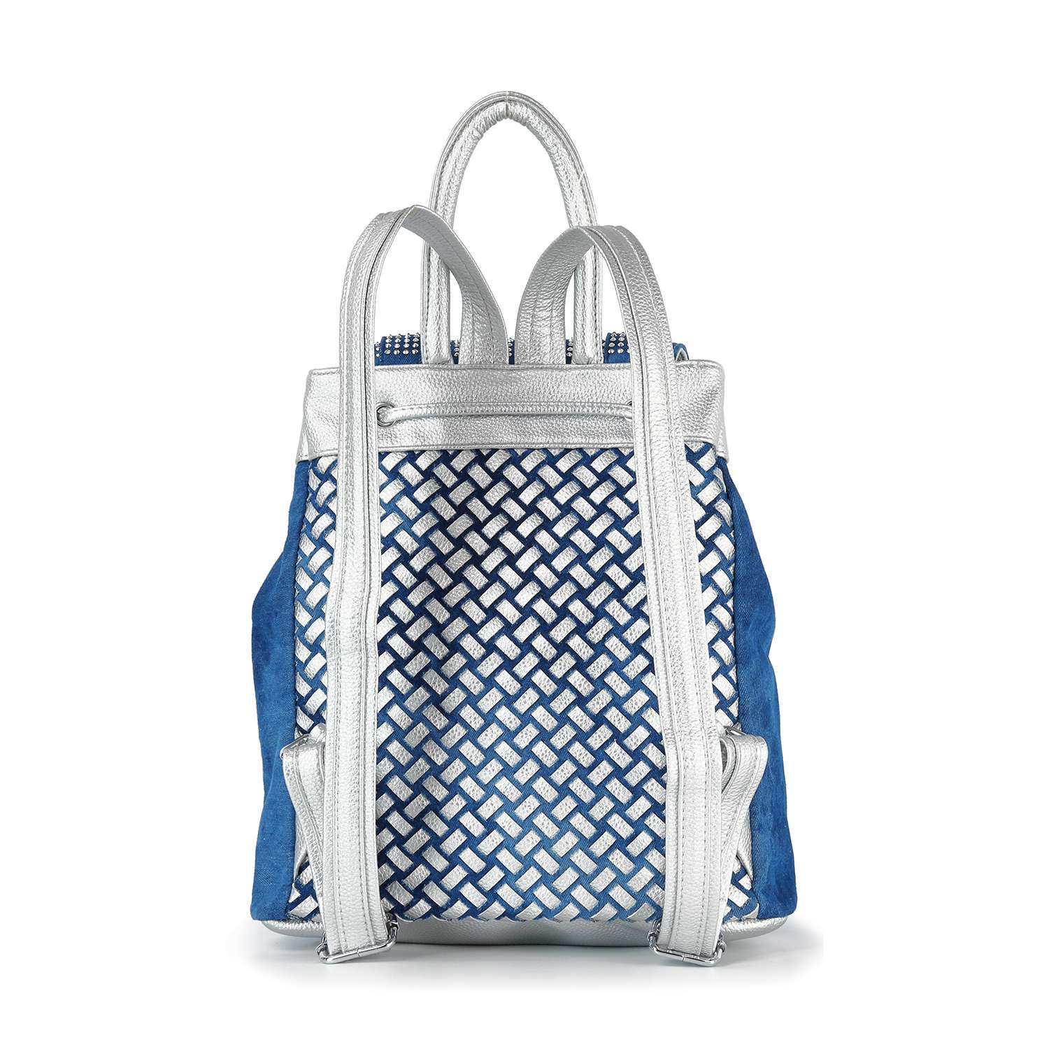 The Rhinestone Basketweave Drawstring Backpack features silver metallic straps and trim, a woven silver and white back panel, blue suede side panels, and sleek silver hardware for a stylish look.