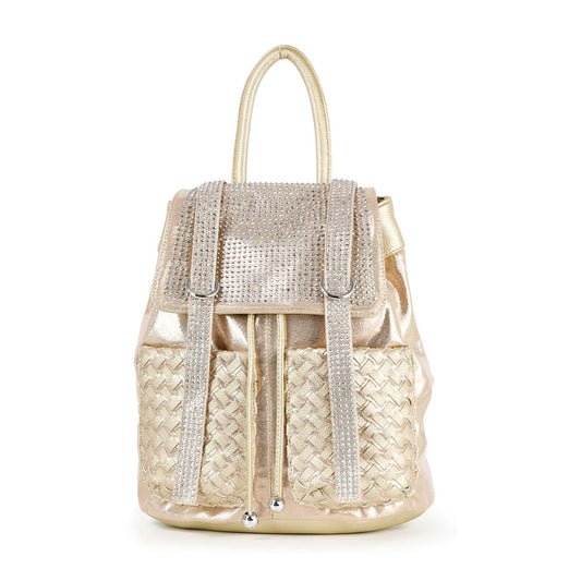 The Rhinestone Basketweave Drawstring Backpack features a gold woven lower front, two vertical rhinestone-embellished straps, silver hardware, a rhinestone-adorned flap, shiny finish, and a single top handle.
