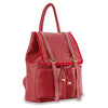 The Rhinestone Accent Fashion Backpack is a stylish red faux leather bag with gold-tone accents, a flap and straps adorned with rows of sparkling rhinestones, a top handle, and a textured finish.