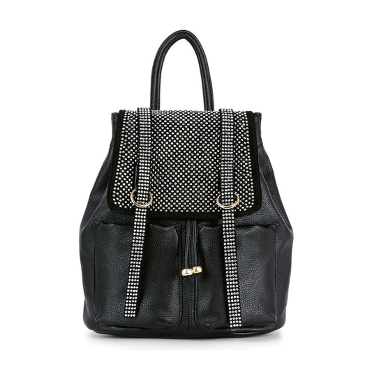 The Rhinestone Accent Fashion Backpack is a black faux leather bag with a flap, straps featuring silver studs, gold buckle details, and two front pockets.
