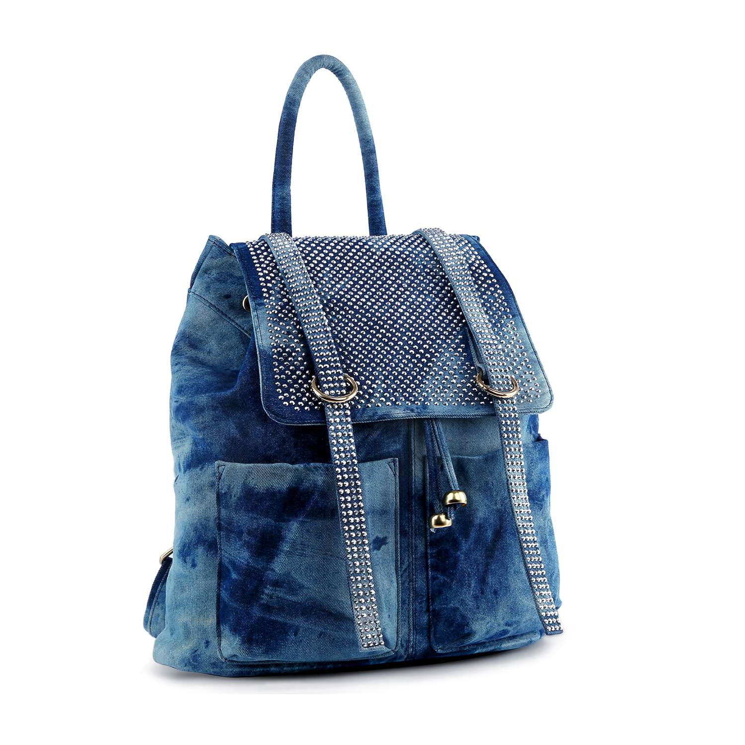 The Rhinestone Accent Fashion Backpack features a denim design with sparkling silver studs on the flap, front pockets, a drawstring closure, top handle, and adjustable shoulder straps for stylish comfort.