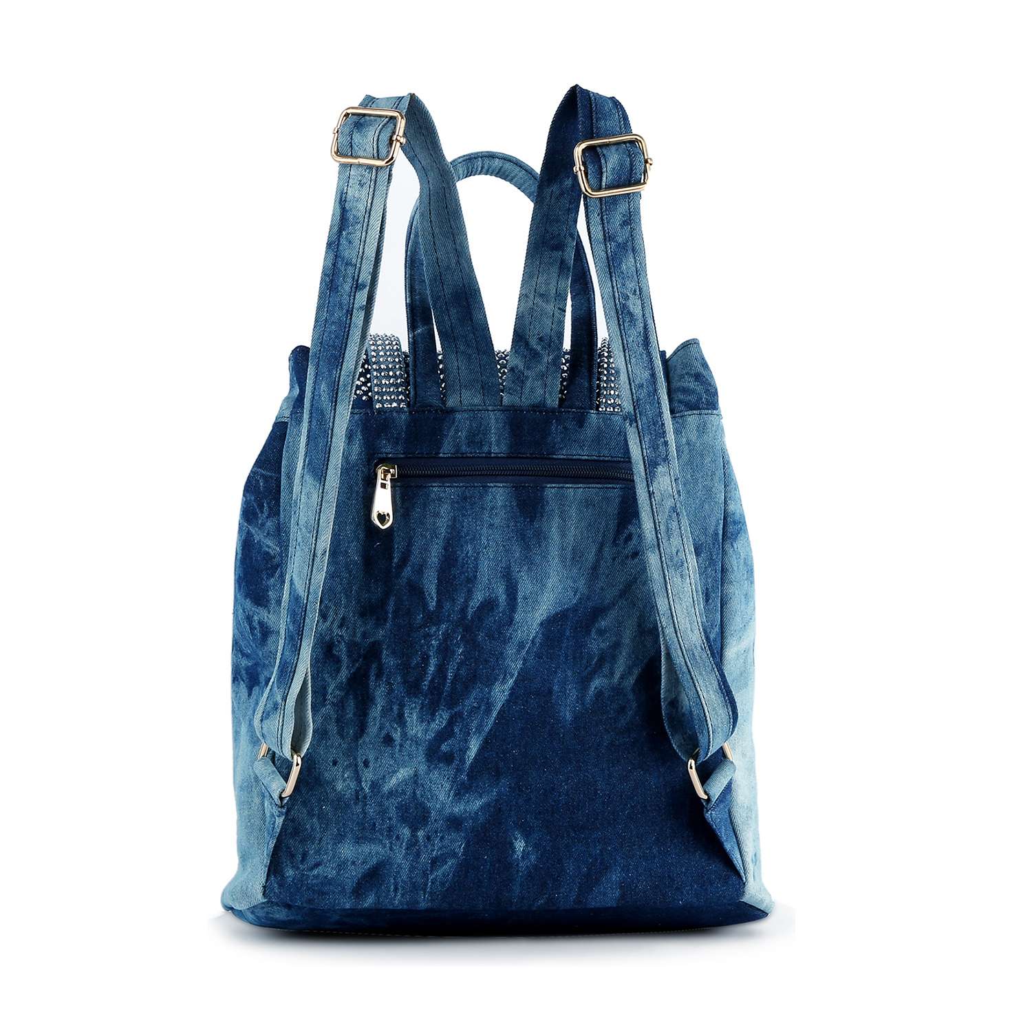 The Rhinestone Accent Fashion Backpack features blue denim, adjustable shoulder straps, a top handle, back zippered pocket, and metal buckles for classic style. Shown on a white background.