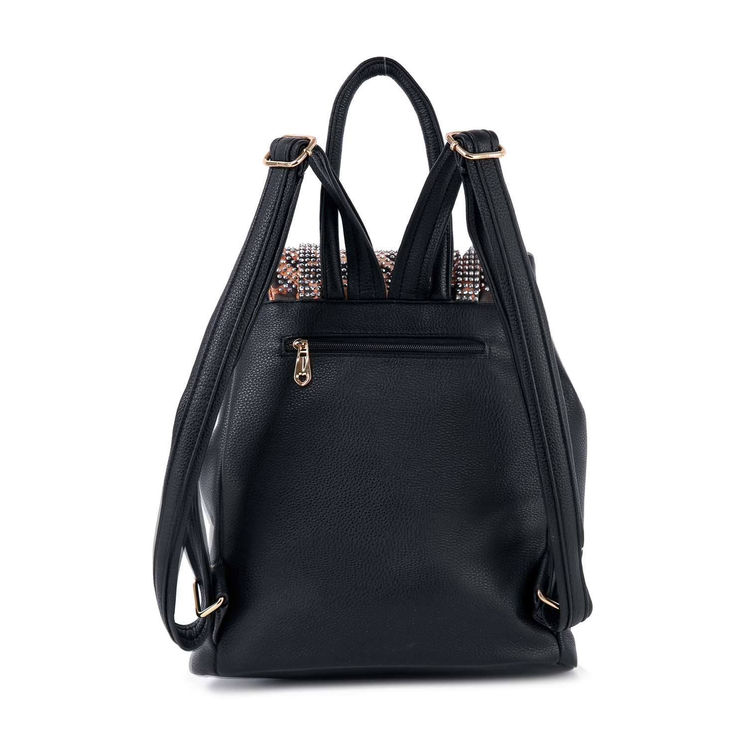 The Rhinestone Accent Fashion Backpack is a black faux leather bag with adjustable shoulder straps, a top handle, and a zippered back pocket. A glimpse of the patterned interior fabric is visible above the main compartment.