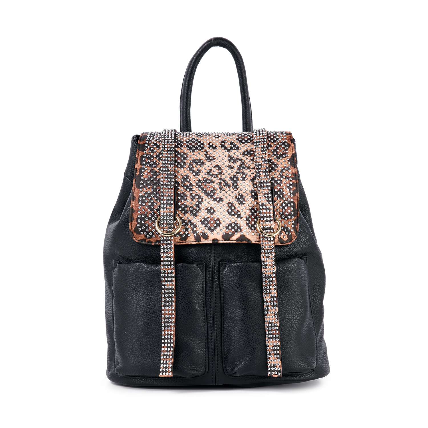 The Rhinestone Accent Fashion Backpack is a black faux leather bag with two front pockets and a flap closure. The leopard print flap and straps are embellished with silver studs. Features adjustable shoulder straps and a top handle.