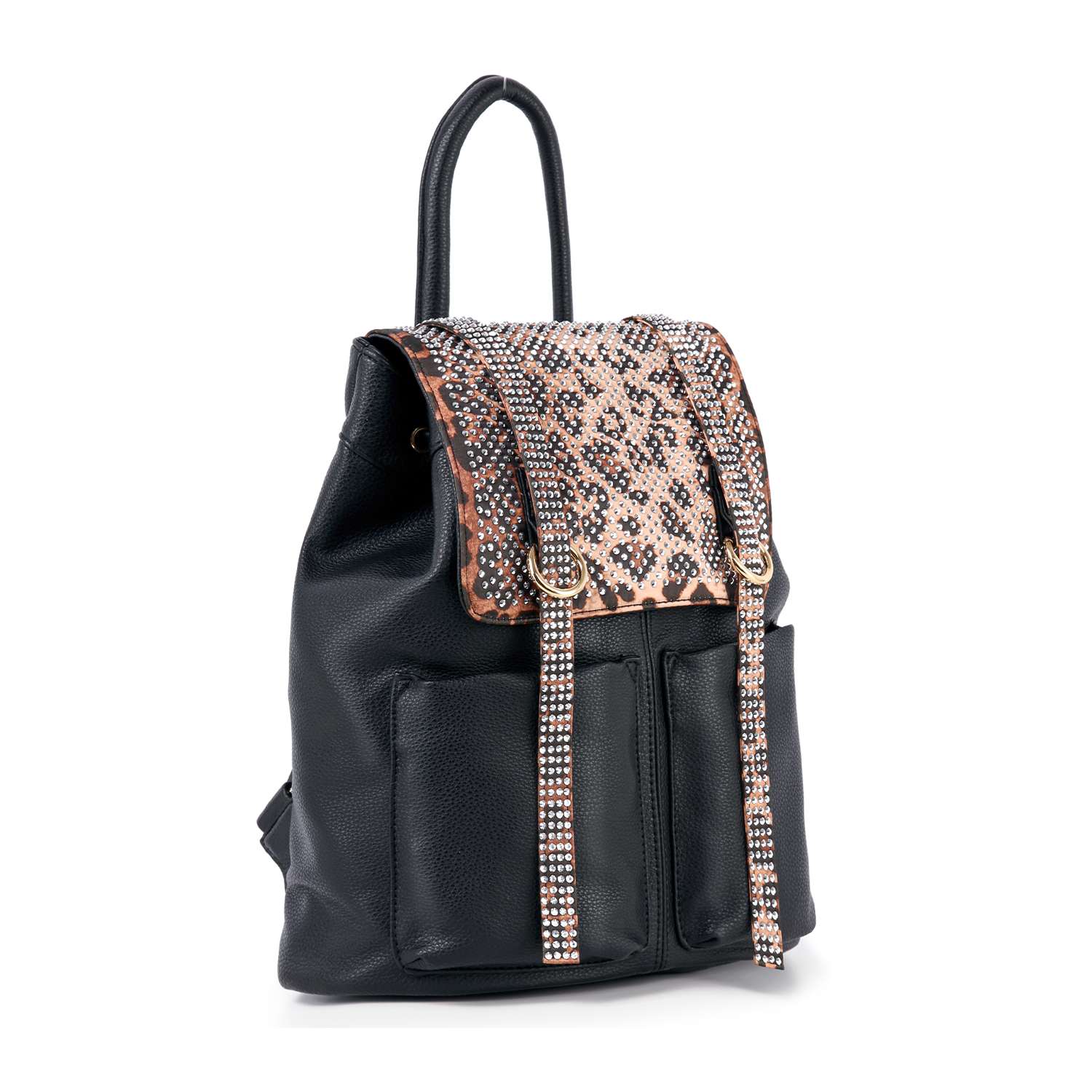 The Rhinestone Accent Fashion Backpack is a black faux leather bag with two front pockets, a flap, straps featuring a beige and black snakeskin pattern, and eye-catching studded accents.