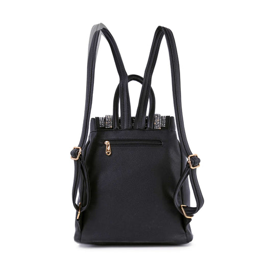 The Rhinestone Accent Fashion Backpack features black faux leather, adjustable straps, a small back zip pocket, gold hardware accents, and decorative rhinestone studs on top.