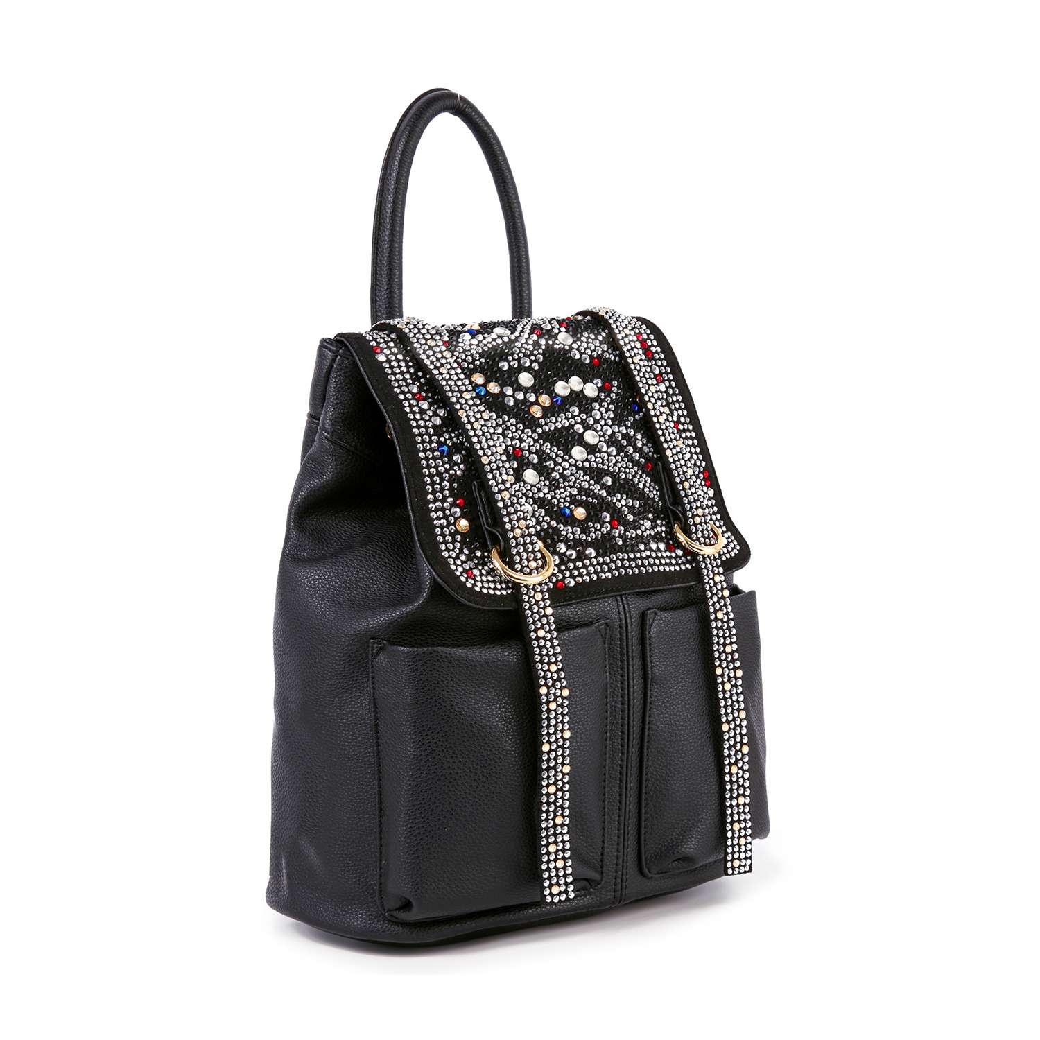 The Rhinestone Accent Fashion Backpack is a black faux leather bag with two front pockets, a beaded and rhinestone flap, plus two decorative straps with sparkling embellishments for standout style.