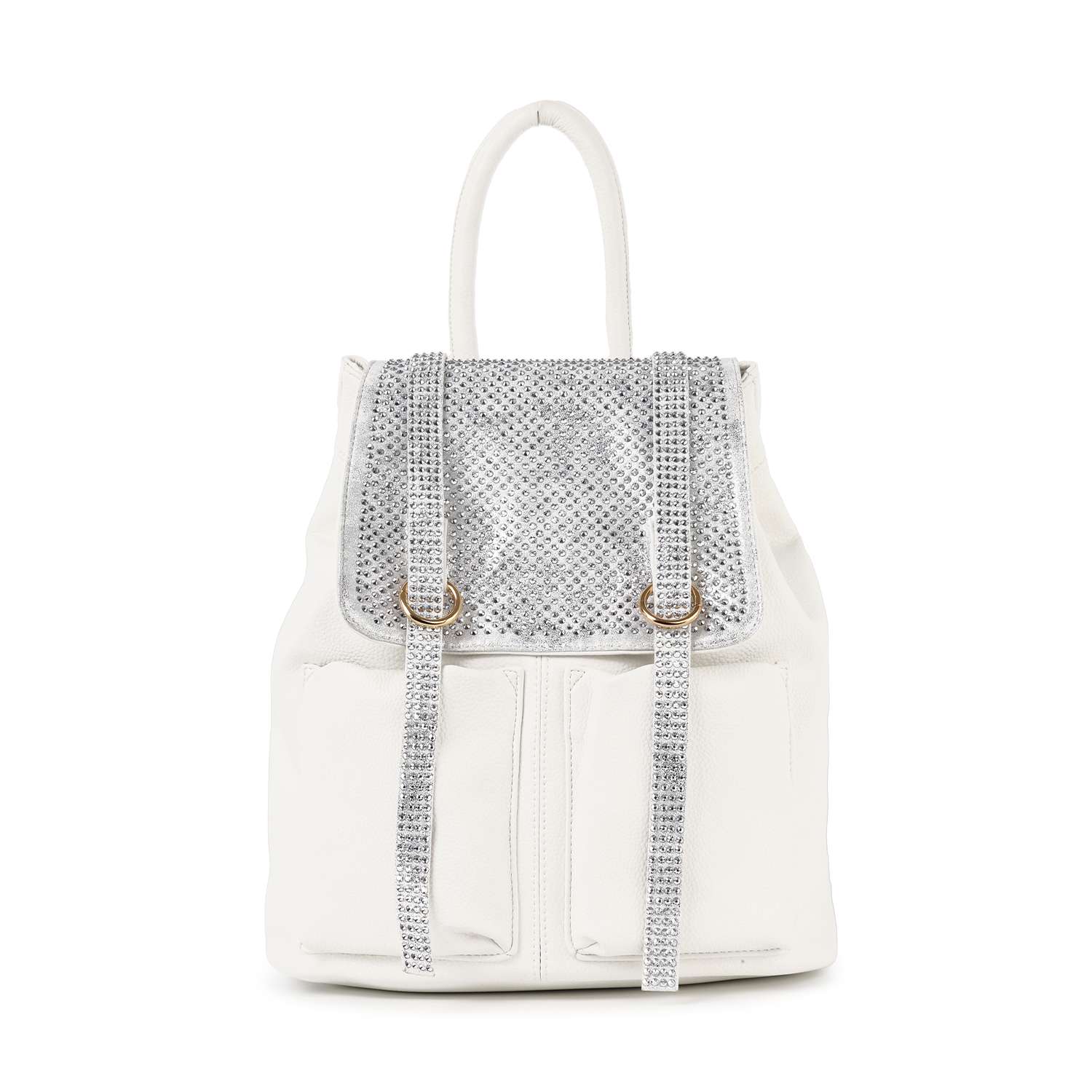 The Rhinestone Accent Fashion Backpack shines in white with a silver-studded flap, metal rings, two front pockets, and dangling straps. Crafted from faux leather, it features a rounded top handle for effortless style.