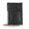 The Rhinestone Metal Mesh Cell Phone Crossbody is a black, rectangular evening bag with shiny rhinestones, silver-toned hardware, and a long chain strap, shown upright against a white background.