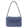 The Petite Rhinestone Bling Shoulder Bag features a rectangular shape, black chain strap, and rows of sparkling blue rhinestones on simulated leather, shown against a white background.