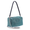 The Petite Rhinestone Bling Shoulder Bag is a rectangular turquoise rhinestone bag with a black simulated leather handle and silver chain strap, shown on a white background.
