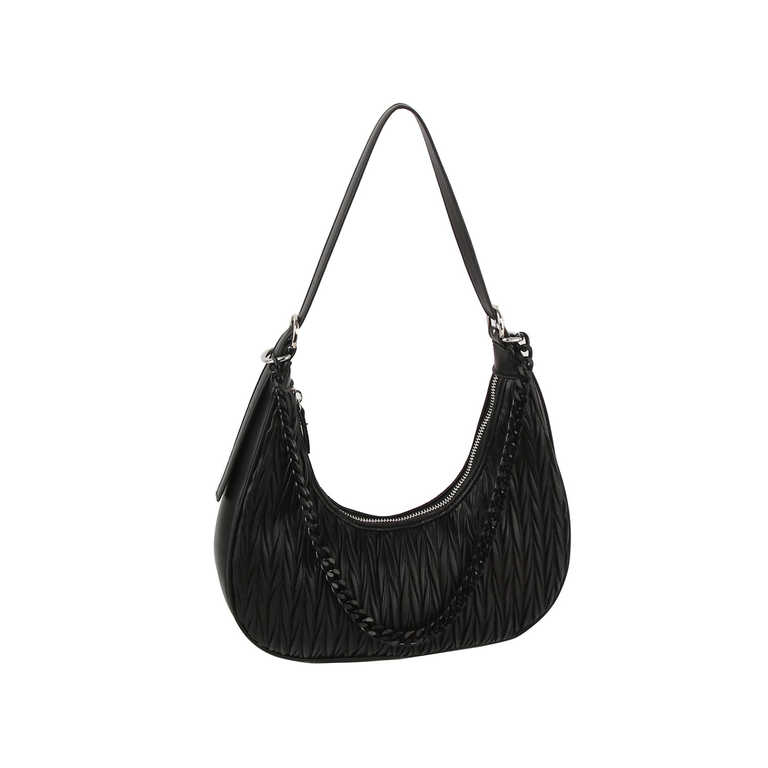 The Chain Accented Gathered Hobo Handbag features black quilted faux leather, a curved shape, zip closure, short shoulder strap, and front chain detail. Displayed on a white background.