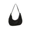 The Chain Accented Gathered Hobo Handbag features black quilted faux leather, a curved shape, zip closure, short shoulder strap, and front chain detail. Displayed on a white background.