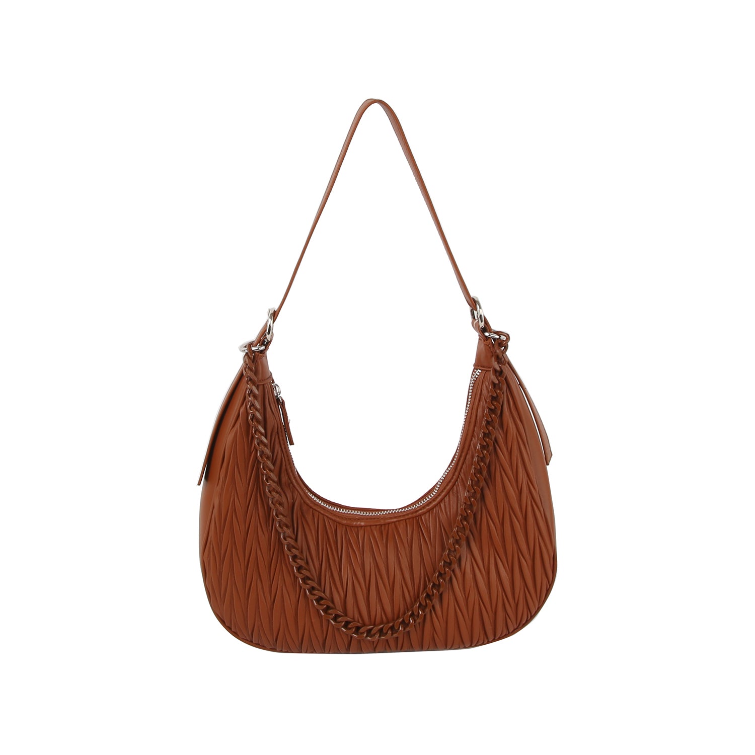 Chain Accented Gathered Hobo Handbag in brown faux leather with a quilted pattern, featuring a top handle, zip closure, and extra chain strap, shown on a white background.