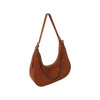 The Chain Accented Gathered Hobo Handbag is a brown quilted faux leather shoulder bag with a curved shape, chain detail, zip closure, and one adjustable strap, shown on a white background.