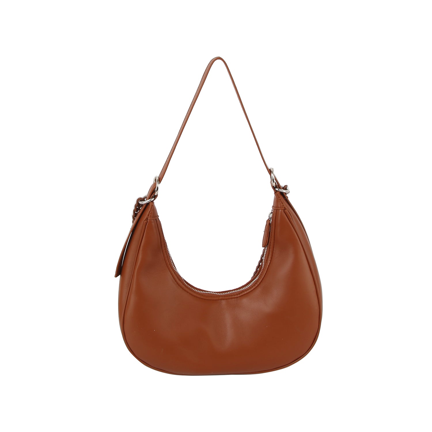 The Chain Accented Gathered Hobo Handbag is a brown faux leather shoulder bag with an adjustable strap and zip closure, shown against a plain white background.