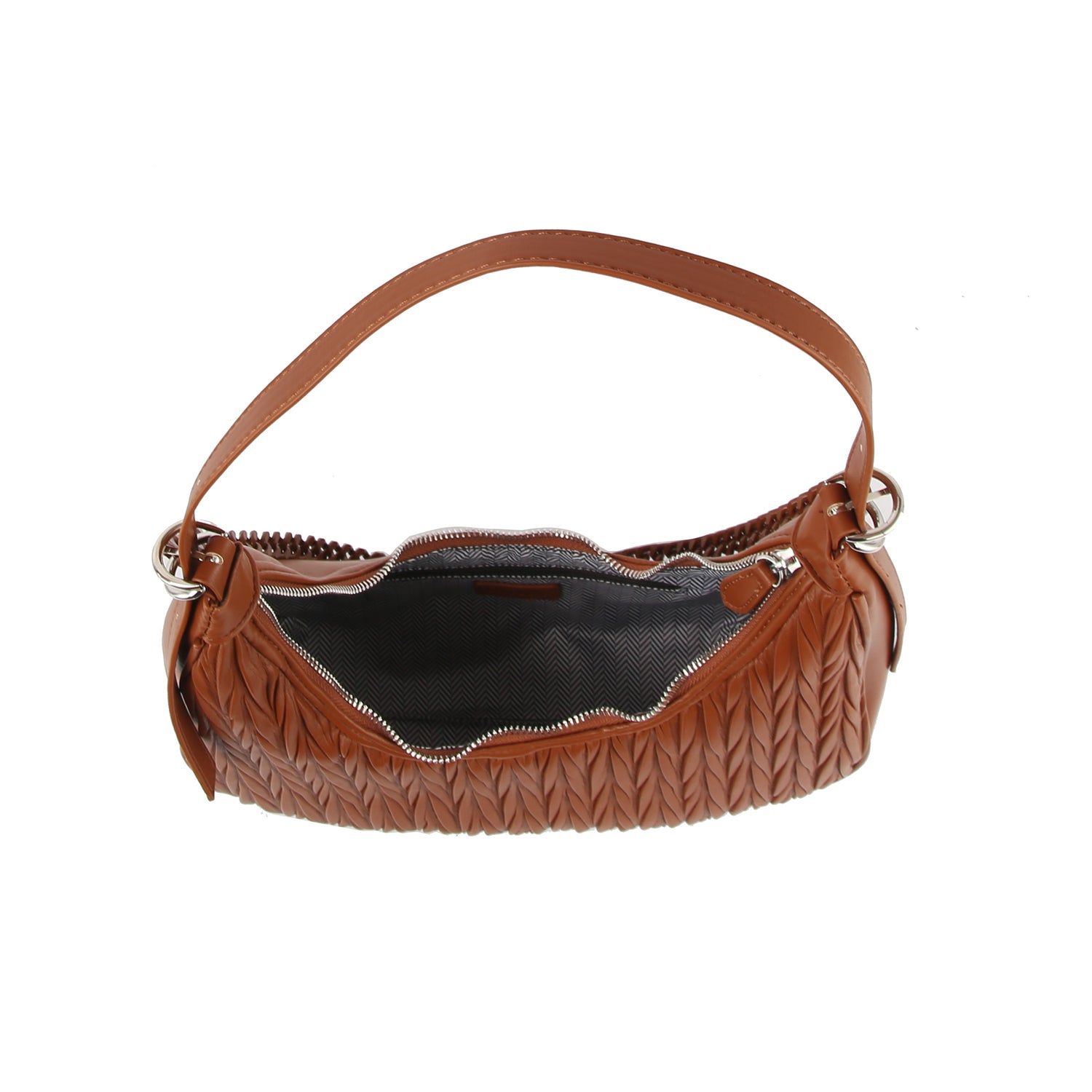 The Chain Accented Gathered Hobo Handbag is made of brown faux leather with a woven texture, a single shoulder strap, zip closure, black interior lining, and an inner zip pocket.