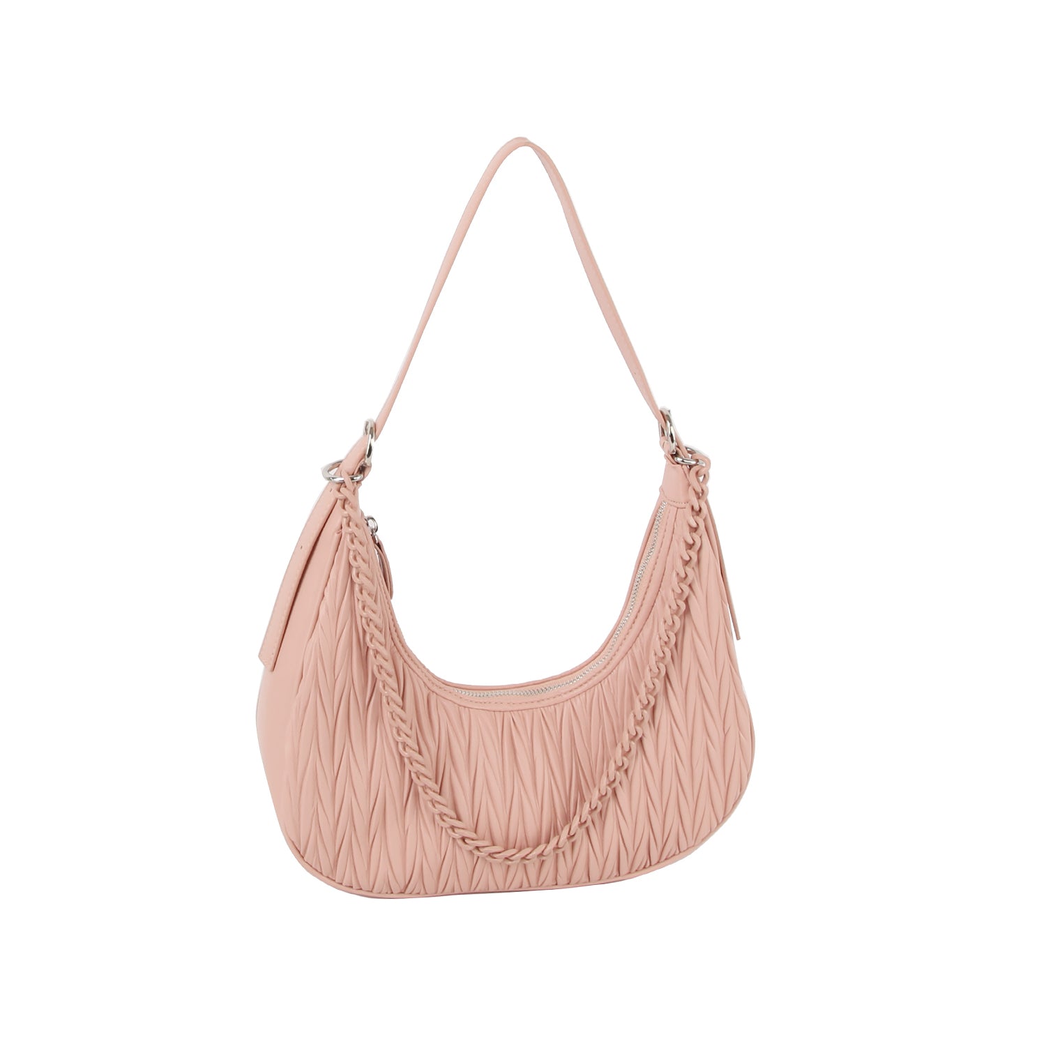 The Chain Accented Gathered Hobo Handbag is a light pink faux leather quilted bag with a short handle, braided strap detail, and secure zip closure, displayed on a white background.